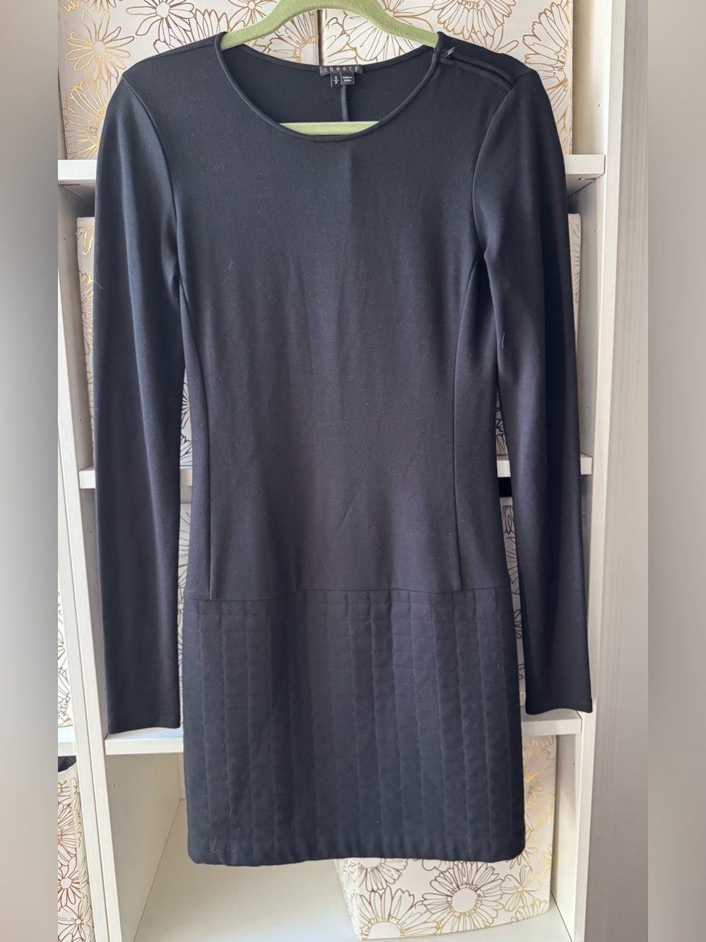 Theory Black Long Sleeve Jersey Dress Geometric Quilted Hem Drop Waist